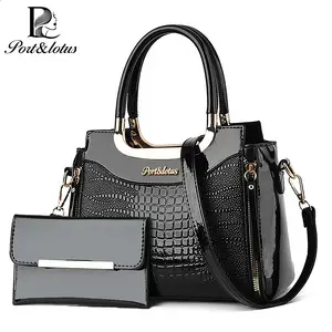Port&Lotus Small Crocodile Pattern Handbags for Women, Crossbody Purses for Women, Trending Purses for 2026, Everyday Bag, Elegant Shoulder Bags with Adjustable Shoulder Strap, Patent PU Leather Women Bags with Double Top Handle