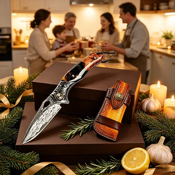 Damascus kitchen pocket knife, ultra-sharp meat cleaver, with natural wood handle and leather sheath, suitable for daily home use and kitchen food preparation