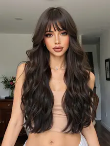24 Inch Long Curly Wigs for Women, Gorgeous Fluffy Wigs with Blunt Bangs, Synthetic Natural Looking Full Machine Wigs for Party, Daily Use, Synthetic Material Wigs, Machine Made Wigs