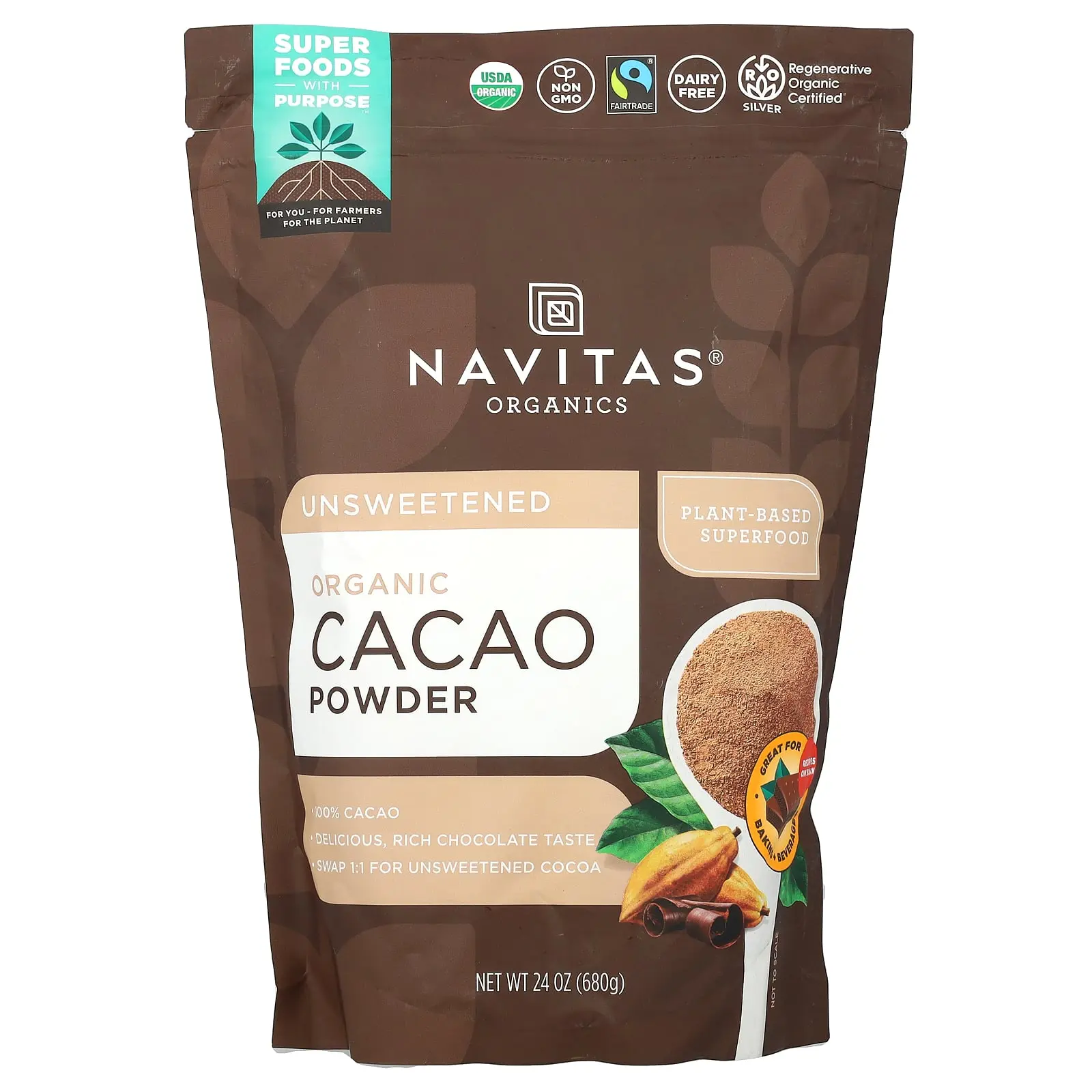 Navitas Organics Organic Cacao Powder, Unsweetened, 24 oz (680 g)
