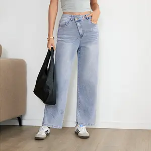 Comfort Stretch Denim Womens Straight Leg Jeans Light Blue Distressed Vintage Denim Pants Casual Everyday Trouser high elasticity