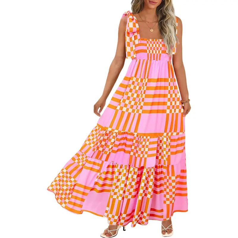Women's Boho Knitting Smocked A-Line Maxi Dress - Spaghetti Strap, Square Neck, Sleeveless, Lightweight Drape, Preppy Chic, Womens Dresses for Beachwear, Date, Pink Yellow, 6120302