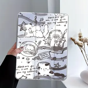 Cute Cat Pattern Tablet Case, Clear Acrylic Protective Case with Pencil Holder, Trifold Stand Protective Cover, Auto Wake/Sleep Tablet Case for iPad, Tablet Casing