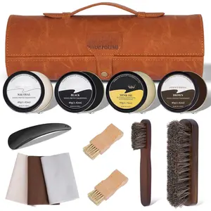 13 count Shoe Polish Care Kit Leather Boot Shine Set w/Travel Case, Brush, Cloth, Shoehorn, Brown Black Neutral Polish