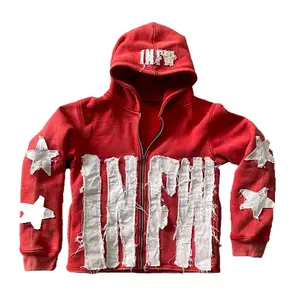 Men's Red "INFW" Distressed Star-Embellished Zip-Up Hoodie - Y2K Street Style with Artistic Flair for Urban Trendy Spots, Retro Hip-Hop Events & Edgy Casual Looks