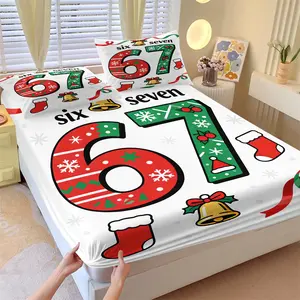Christmas Six Seven Theme Fun Print Fitted Sheet Set, 1 Fitted Sheet and 2 Pillowcases, Digit and Christmas Elements Combined Bed Linen, Soft Breathable Fabric, Kids Room Decoration Bedsheet Sets