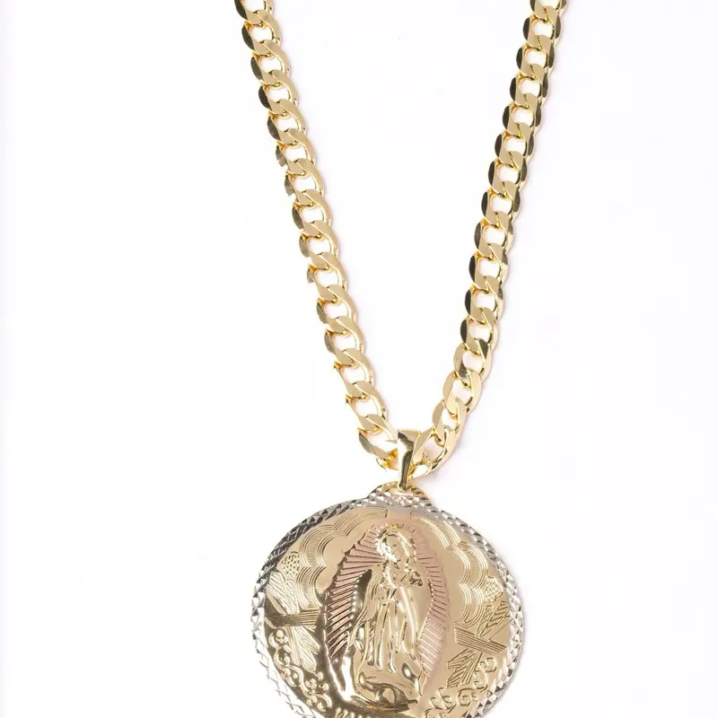 Virgin of Guadalupe Medallion Pendant Cuban Link Chain 8MM 14K Gold Plated 20" & 22" Necklace for Women