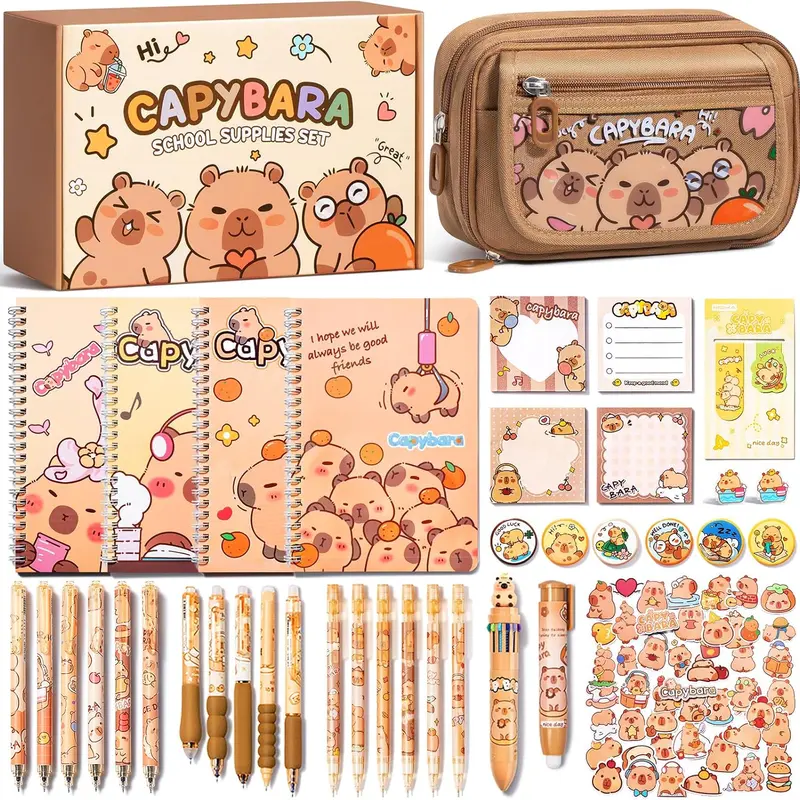 36PCS Lightweight Capybara Stationary Set - Cutecore Stuff Pen Box Kits, Pencil Pouch, Gel Pens, Mechanical Pencils, Stickers, Pins, Notebooks, Sticky Notes - Office Supply Kit for Holidays, Back to School, Teen Girl Gifts