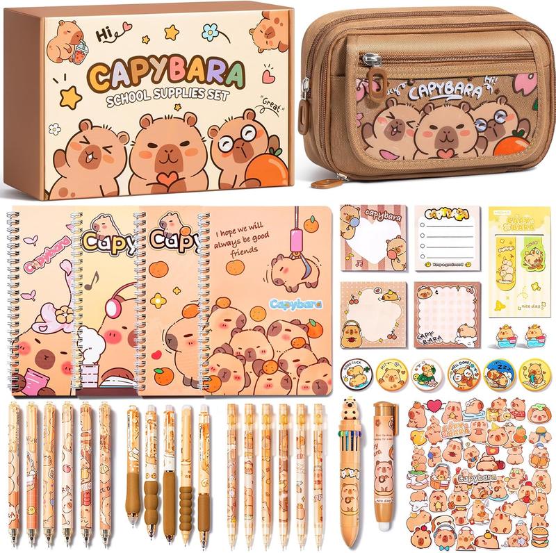 School Supplies Set – 36PCS Cute Capybara Stationery with Pencil Case, Gel Pens, Pencils, Stickers, Pins, Notebooks & Sticky Notes – Kawaii Valentine's Day Gift Idea for Students, Friends, or Stationery Lovers