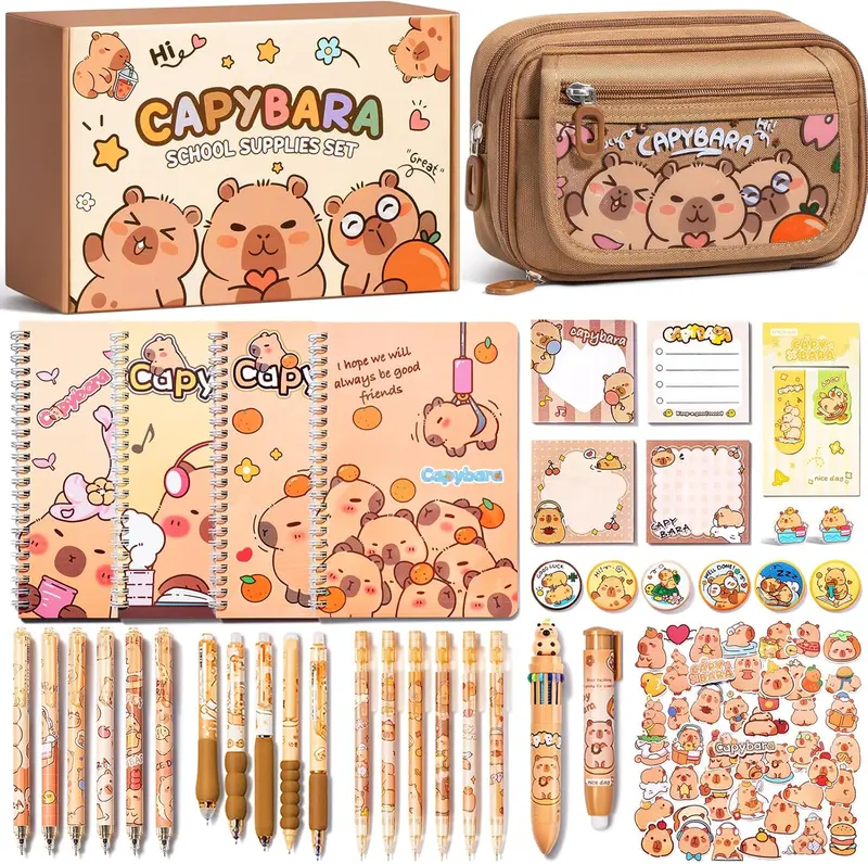 School Supplies Set – 36PCS Cute Capybara Stationery with Pencil Case, Gel Pens, Pencils, Stickers, Pins, Notebooks & Sticky Notes – Kawaii Valentine's Day Gift Idea for Students, Friends, or Stationery Lovers
