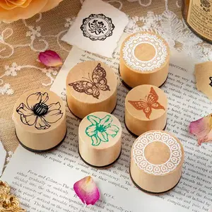 Wooden Round Stamp Set with Butterfly Lace Flower Designs, DIY Creative Journal Album Decorative Stamps for Christmas Halloween Gifts, 3 Styles Available, Craft Kits
