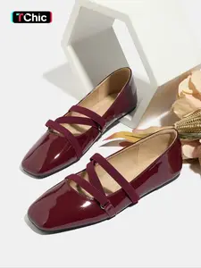 Women's Easy Slip-On Casual Trendy Flat Shoes, Wine PU Leather Square Toe Casual Ballet Flats, All Season Comfortable Wear-Resistant Design