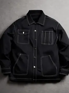 Men's Plain Chore Coat Jacket, Slim-Fitting Multi-Pocket Design, Casual Spring & Fall Outerwear, American Retro Style Shirt Jacket