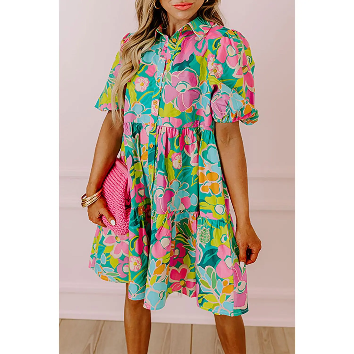 Floral Puff Sleeve Collar Buttoned Babydoll Dress - Casual Womenswear SKU 0973
