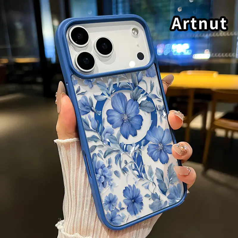 Magnetic Case Compatible for iPhone 17 Pro Max Air Promax Blue Flowers Pattern Clear Acrylic Back Drop Protection Pocket-Friendly Cellphone Cover Gift for Girl