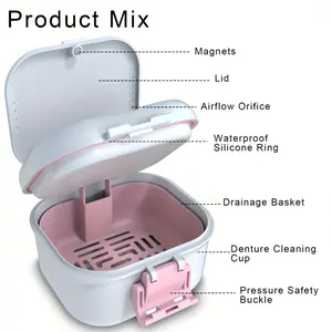 Portable Double Layer Denture Care Cup, Leak-Proof Denture Cleaning Box with Filter Insert, Soaking Storage Container for Dentures and Retainers, Travel Friendly Cleaning Case in Multiple Colors