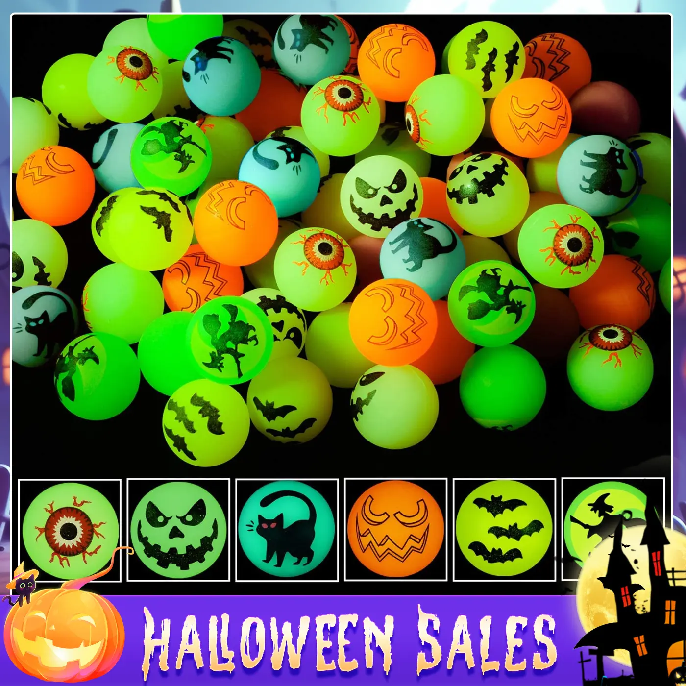 72 Halloween Theme Designs Bouncing Balls - Glow in The Dark Bouncy Party Favors Supplies for Kids, Trick or Treating Goodie Light Spooky