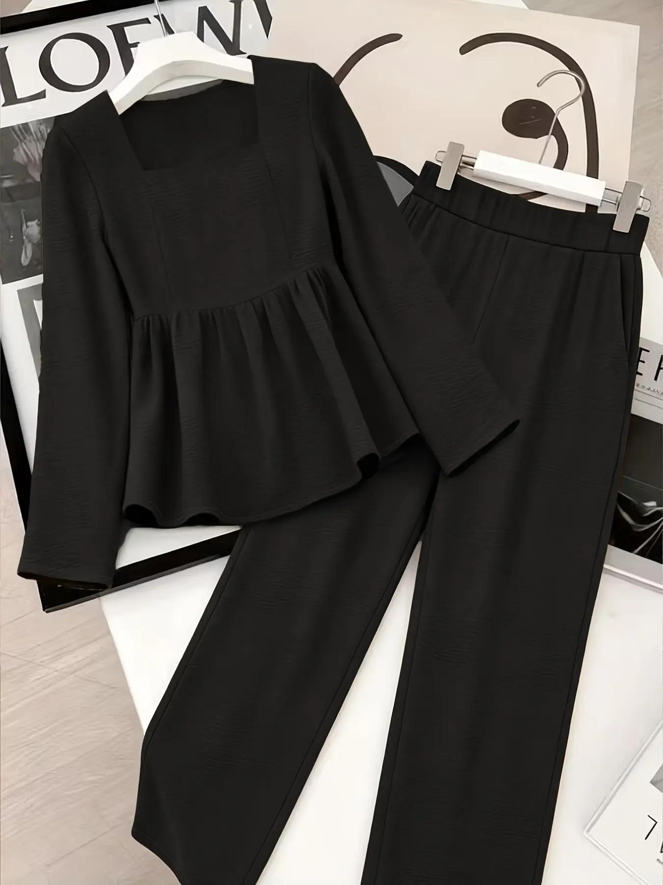 Women's Wide Neck Long Sleeve Top and Wide Leg Pants Set, Black Loose Casual Simple Commuter 2-Piece Clothes Set for Daily Wear