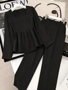 Women's Fashion Wide Neck Top Set with Wide Leg Pants, Casual Simple Commuter, 2 Piece Set for Daily Wear Everyday, Womenswear