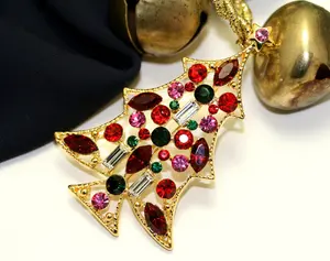 Rhinestone Christmas Tree Brooch Pin, Multi Colors Crystal Xmas Tree, Holiday Jewelry Gift