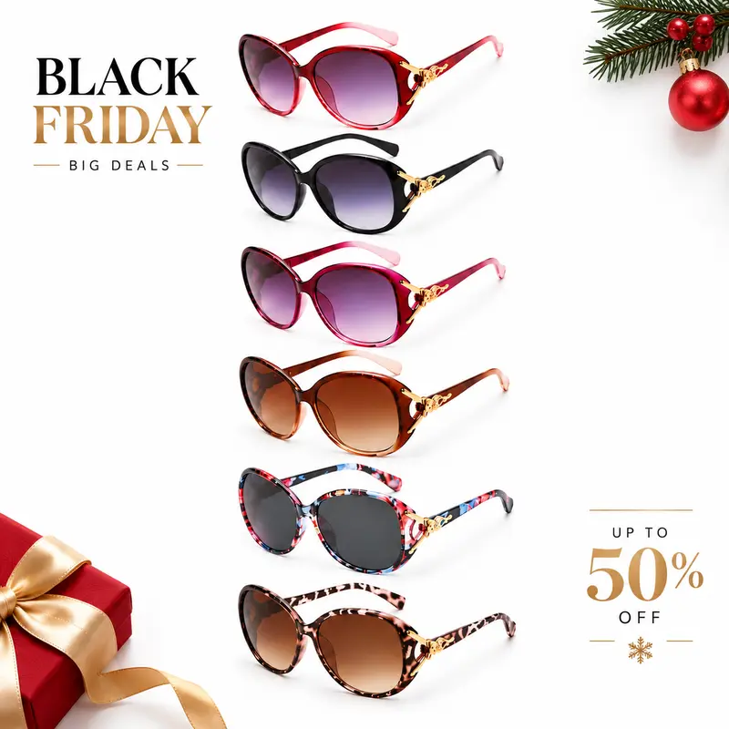 Women's Oversized Fox Sunglasses 6-Pack - Blackout Anti-Glare Lenses, Leopard & Floral Prints, Round Full Rim, Silicone Accents, Chic Shade Finds, Festival Style Alt Accessories, Instant Fox Vibe, Party Event Props, Sunglasses for Adults