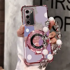 Pearl Strap Lanyard Note20 Shockproof Transparent Magnetic Glitter Phone Holder Case Compatible With for Samsung Galaxy Note 20 Large Purple Flowers Case Cover for Fashion