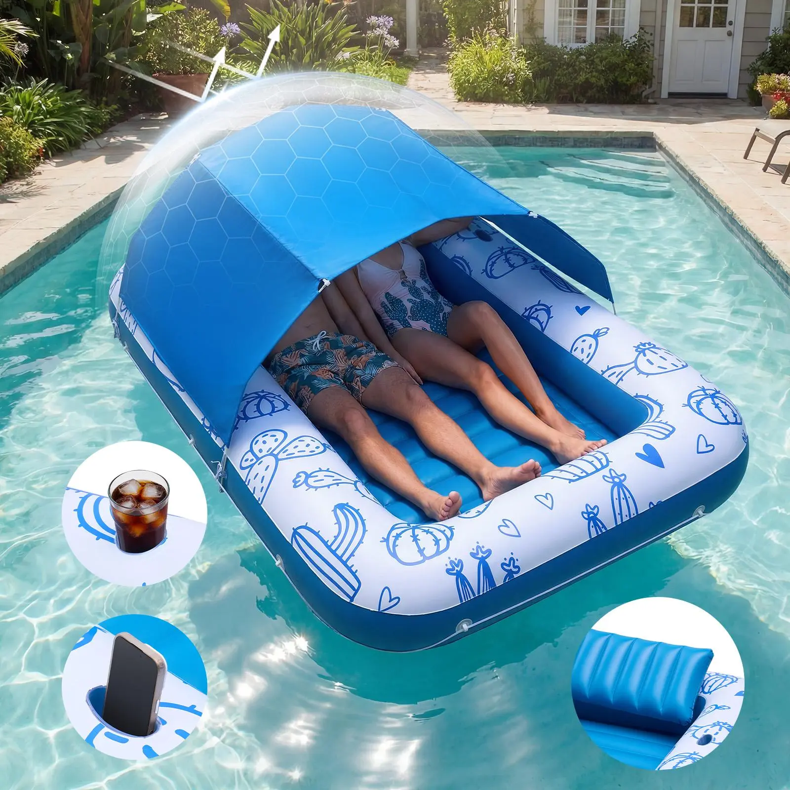 【SummerFinds】VEVOR Inflatable Pool Float with UPF 50+ Canopy, 82" x 55" Large Tanning Pool Floating Lounger for Adults, 550LBS Capacity Sunbathing Lounger Floaties with Pillow, Phone & Cup Holder for Water Fun
