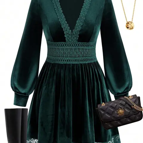 Elegant Plus Size Women's Velvet Lace Patchwork Lantern Sleeve Long Dress Set, Slim Fit for Spring & Fall, Stylish Kint Fabric