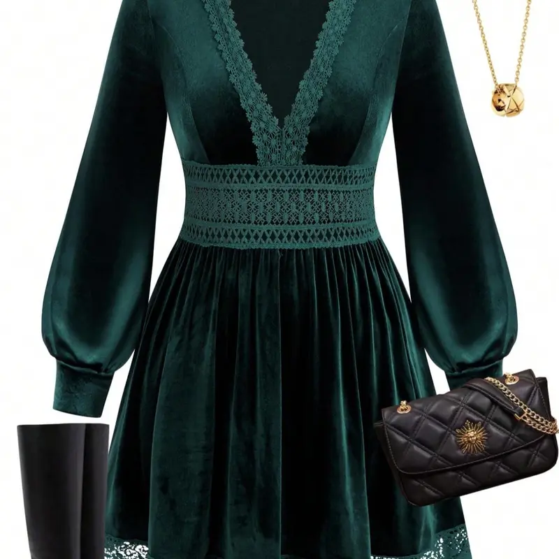 Elegant Plus Size Women's Velvet Lace Patchwork Lantern Sleeve Long Dress Set, Slim Fit for Spring & Fall, Stylish Kint Fabric