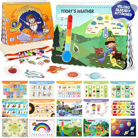 Montessori Busy Book Learning Tool - 15-Page Montessori Toys for 3 or 4 Year Old Girls and Boys, Alphabet, Weather & Ball Activities, Skill-Building Educational Flash Cards, Learning Materials