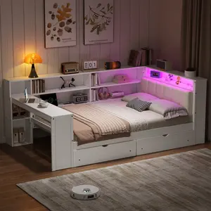 Full Size Platform Daybed Frame with Storage Shelves, Drawers, Charging Station, LED, Desk and Upholstered Headboard, White+Beige Cushion