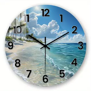 Tropical Beach Wall Clock with Palm Tree Design, Silent Analog Display, Battery-Powered, Ideal for Living Room, Resort, Tropical Decor
