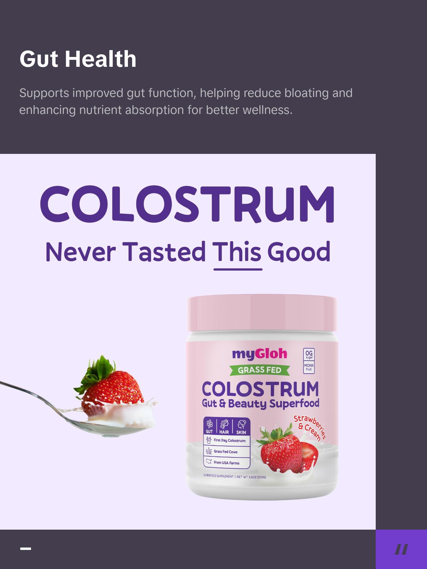 myGloh Colostrum Premium Powder | Gut Health & Bloating, Hair Growth & Skin Glow Beauty Supplement, Immune Support | Natural Flavor Strawberries & Cream | Grass-Fed Bovine Colostrum Superfood | High IgG, Gluten Free, Bioactives | Healthcare