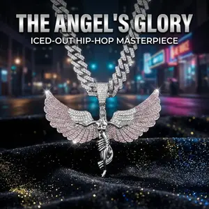 Iced Out   wing ed Goddess Pendant Cuban Link Chain, Hip Hop Bling Necklace for Women Men