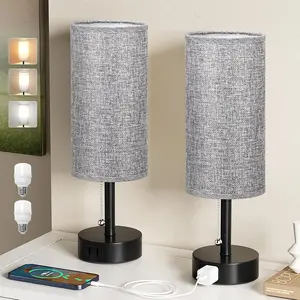 Grey Bedside Table Lamps Set of 2-3 Color Temperatures Pull Chain Lamp with AC Outlet Charging Port, Round Night Stand Lamps for Bedroom Office, Small Bed Side Light with E26 LED Bulbs