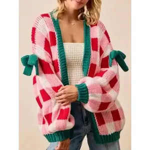 Women’s Christmas winter knitted plaid color-block long-sleeve cardigan with a bow tie collar, casual daily wear, women’s fashion sweater