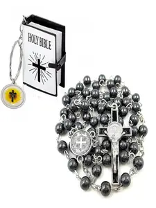 St Benedict Vintage Obsidian Cross Necklace Catholic Rosary + Mini Bible Keychain Set, Purify Negative Energy, Personalized Prayer Beads, Cross Chain Design