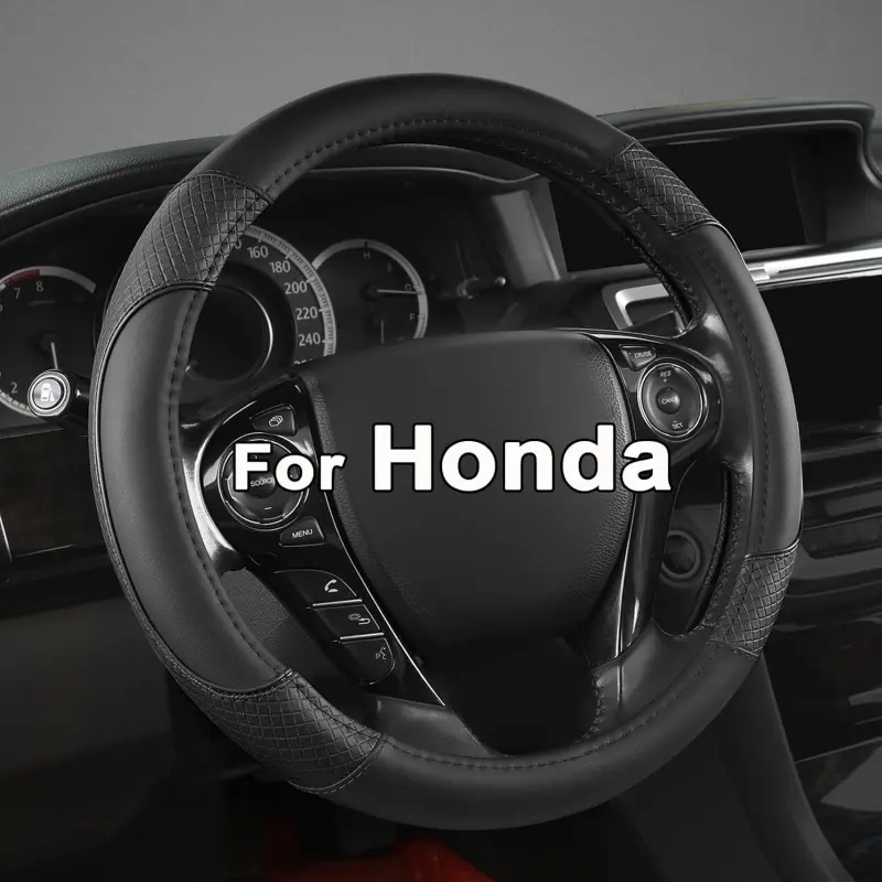 Microfiber Leather Steering Wheel Cover - Automotive Car Accessory with Easy Installation, Hand Sweat Reduction, Anti-Skid Grip, Diamond-Pattern Black Standard Fit for Honda Accord, Civic, CR-V to Boost Driving Safety, Car Accessories