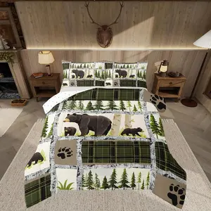Kids Adult Rustic Cabin Comforter Set,Rustic Bear Bedding Set Toddler ,Forest Wild Animals Comforter,Farmhouse Patchwork White Green Plaid Lodge Bed Set