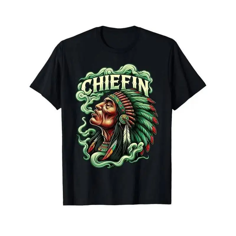 Chiefin Graphic Vintage Tee 420 Cannabis Pattern Unisex Pot THC Smoker Cotton American Chief Crew Neck Short Sleeve Men's Unique Tribal Art Themed Casual Streetwear
