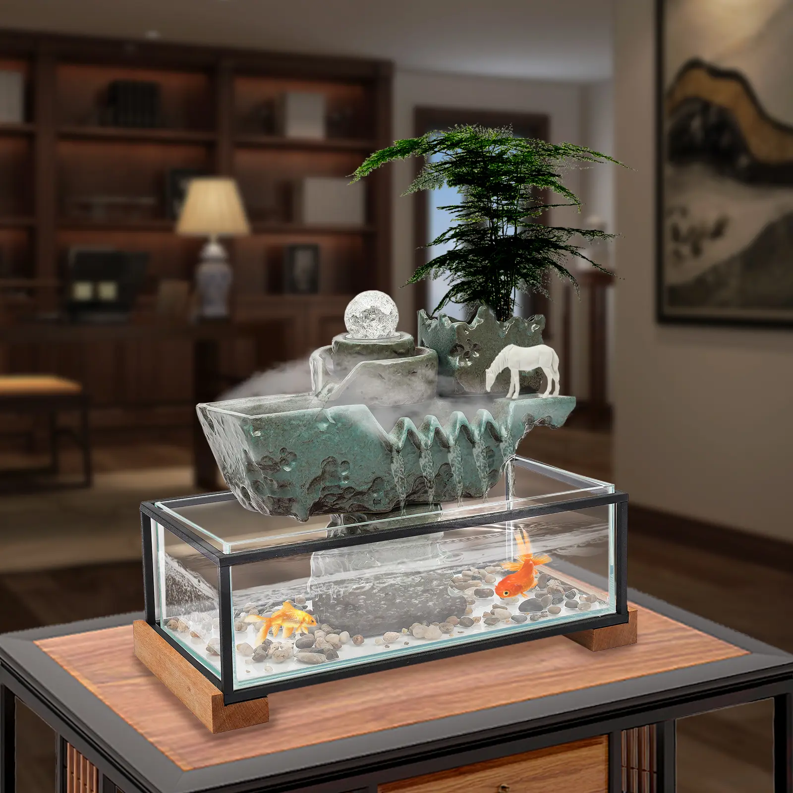 Tabletop Water Fountain Fish Tank 16x8x5In 4mm Clear Glass IPX8 LED Light Atomizer for Home Office Living Room Desk Decor Gift