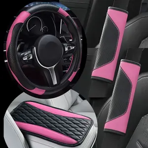 Classic Luxury 4pcs Car Interior Set, Carbon Fiber Faux Leather Steering Wheel Cover, Central Armrest Pad, Belt Shoulder Pads, Non-Slip And Wear-Resistant, Car Steering Wheel Cover Set Suitable for All Seasons