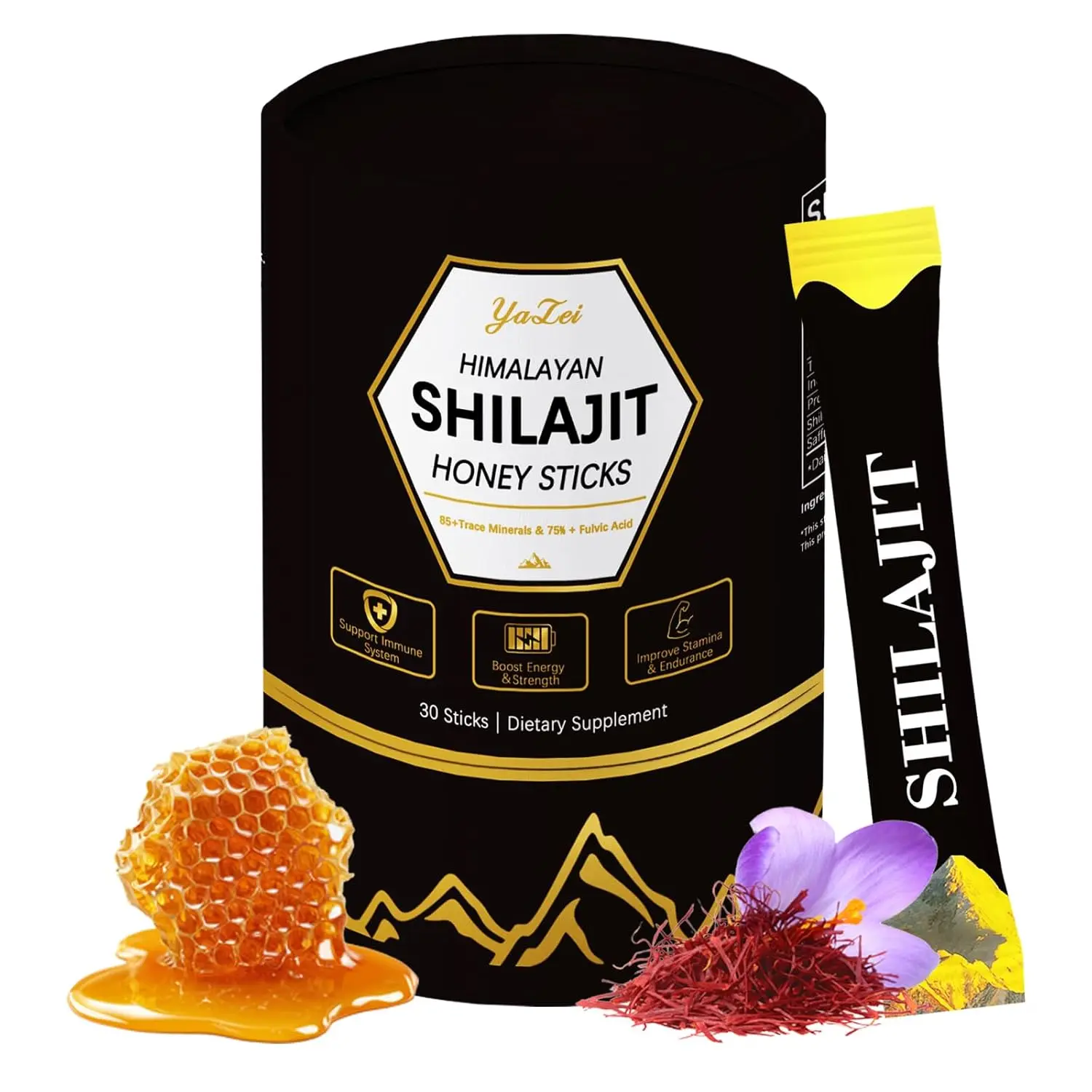 Himalayan Shilajit Honey Sticks,Black Thai Honey,with Organic Honeys & Saffron, 75%+ Fulvic Acid, 85%+