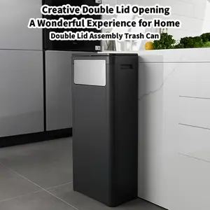 25L Heavy-Duty Plastic Trash Can Container - Creative Double Lid Opening, Press-to-Lock, Spill-Proof, Manual Non-Electric Square Bin for Kitchen, Office, Durable, Easy-Clean, Indoor-Outdoor Use (Black, White)