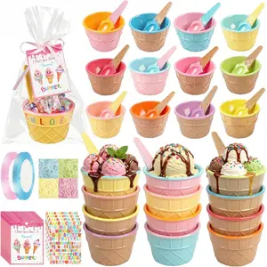 24 Pack End of Year Student Gifts-Ice Cream Bowls and Spoons Set Ice Cream Party Favors with Cards Raffia Ribbon Plastic Bag Sticker for End of School Summer Graduation Gifts Classroom Reward