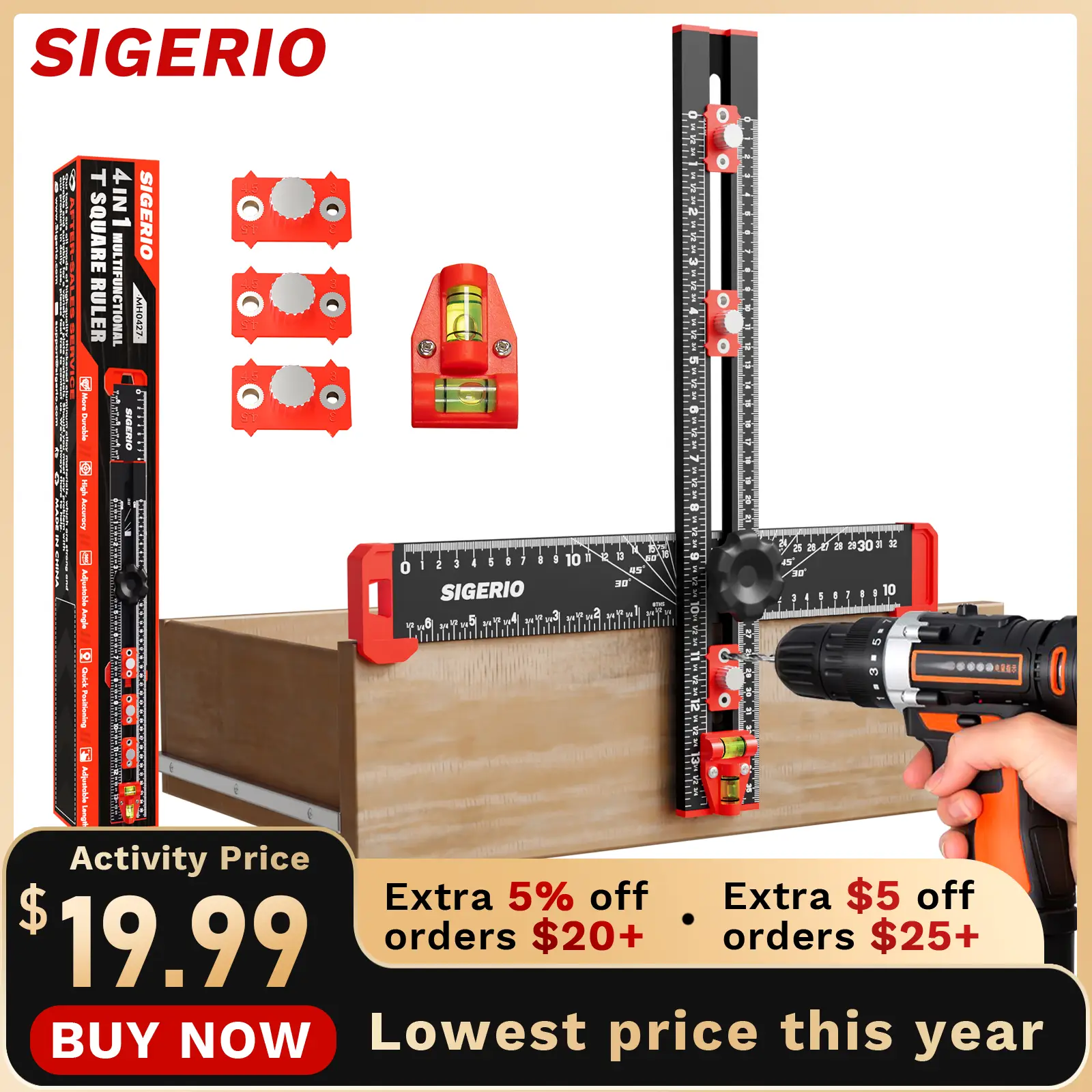 Sigerio 4 in 1 Adjutable 4 in 1 Drilling Positioning Ruler Tool, 14in T Square Ruler, Aluminum Alloy Cabinet Hardware Jig Tool for Woodworking