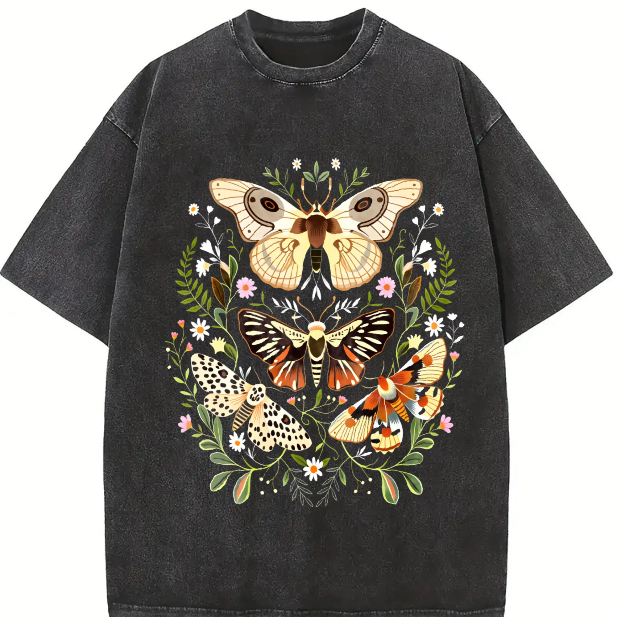 Men's 230Gsm Streetwear Round Neck Top - Coastal Granddaughter Sun-Faded, Moth & Botanical Print, Garment Dyed, Ultra-Soft 100% Cotton Grunge Aesthetic Effortless Chic Tshirt, Cotton Fabric, Casual Fit