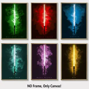 6 Piece Unframed Canvas Posters, Neon Light Saber Art, Game Room Decor, Modern Wall Art for Living Room, Bedroom, Hallway