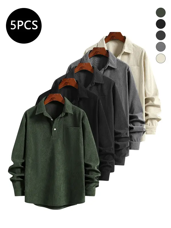 5-Pack Men’s Autumn Corduroy Long Sleeve Polo Shirt – Solid Color, Fashionable Casual, Versatile Turn-Down Collar Top for Everyday Wear