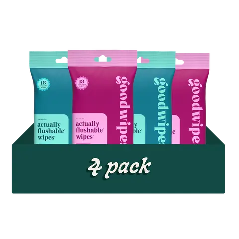 Goodwipes Variety Travel Pack - 4pack | 18ct - Rosewater & Shea-Coco - Travel Flushable Wipes  for Sensitive Skin and Everyday Use
